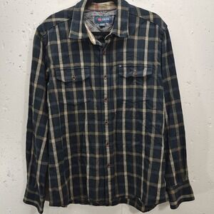 Cova Mens Large Plaid Flannel Button Up Top Navy Blue Quilted Shoulders